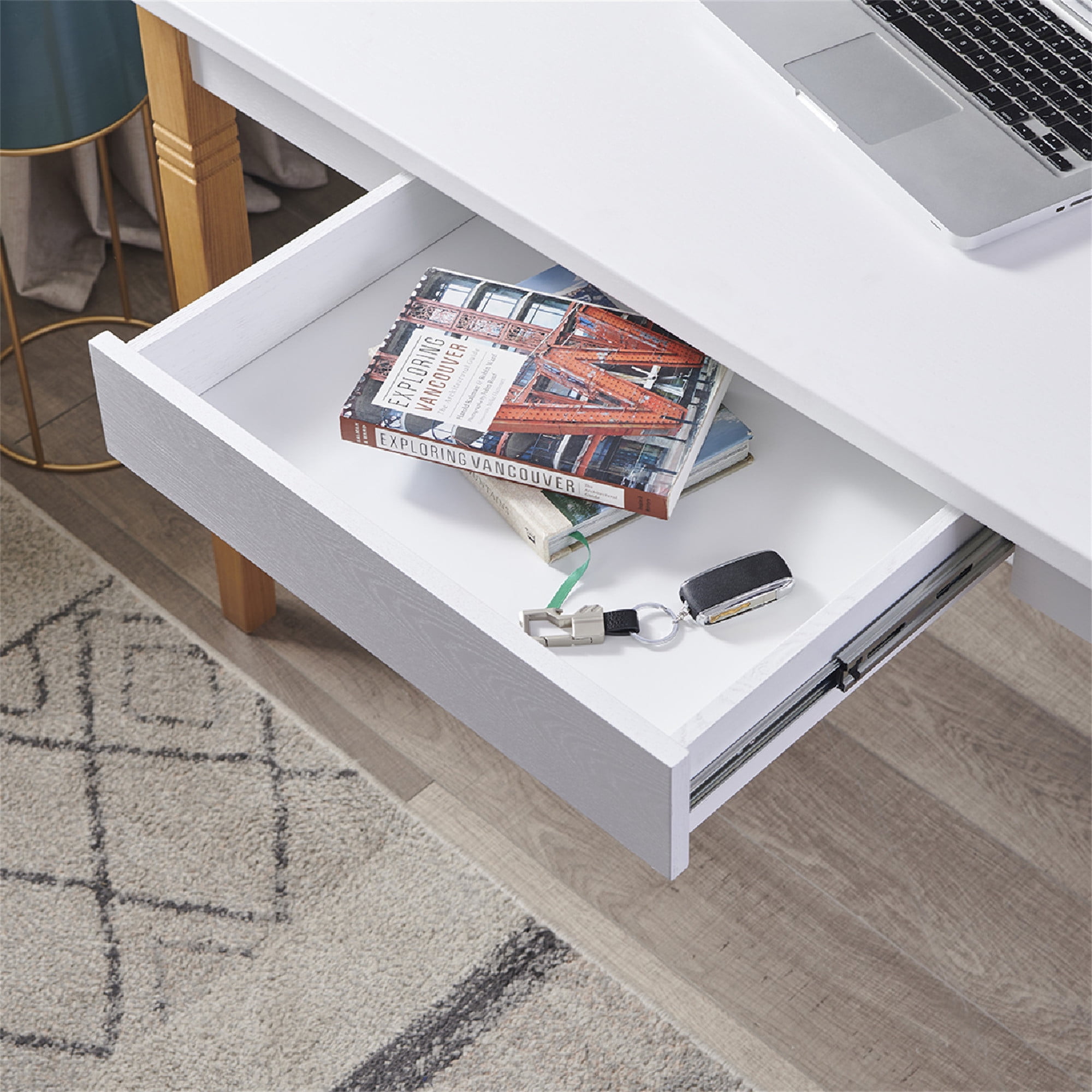 Resenkos Modern Wood Writing Desk with Drawer, Home Office PC Laptop Study Table, White 47 inch