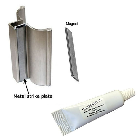 Gordon Glass 3" Brushed Nickel Frameless Shower Door Handle with Metal Strike, Magnet and Clear 100% Pure RTV Silicone Sealant - 0.5 oz. Squeeze Tube for 1/8", 5/32", 3/16", 1/4" Glass - Set