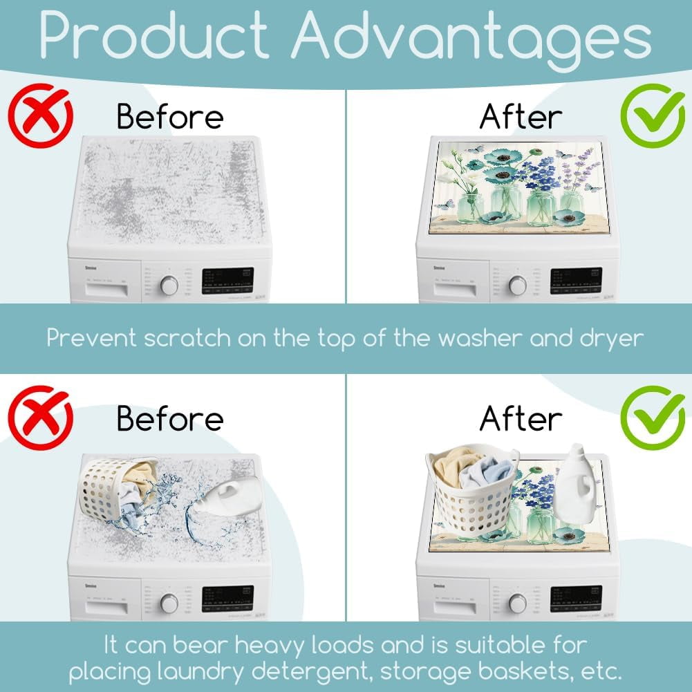 Lavender Mason Jar Laundry Room Washer Dryer Dust Cover Mat 23.6x23.6inch Papaver Washing Machine Top Protector Pad Retro Lavender