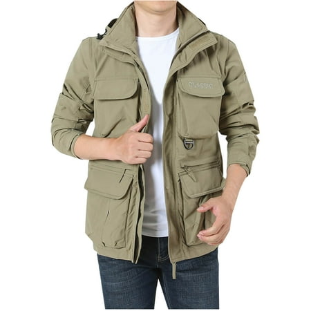 CHEEREAM Men s Lightweight Jackets Rain Coat Fashion Windbreaker Hooded Running Fishing Jackets with Pockets Khaki M
