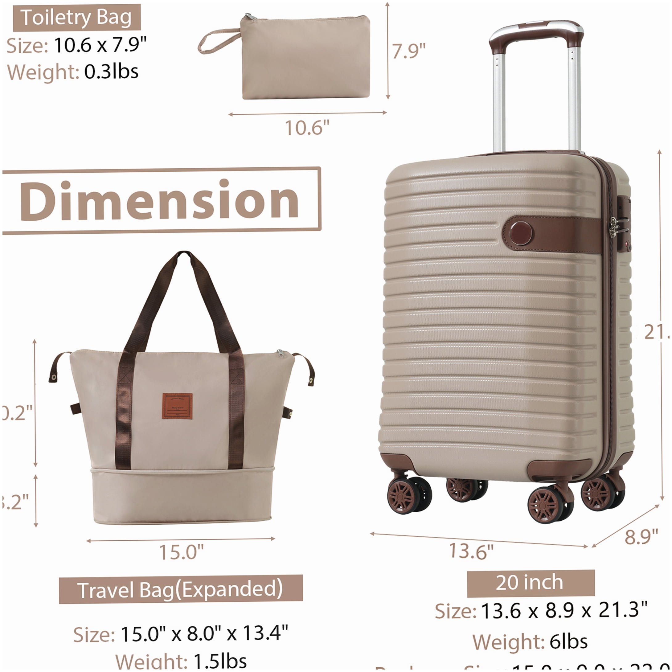 Lightweight ABS Hardshell 3 Piece Luggage Set with Spinner Wheels, TSA Lock, Carry On Compliant Suitcase, Weekender, Khaki
