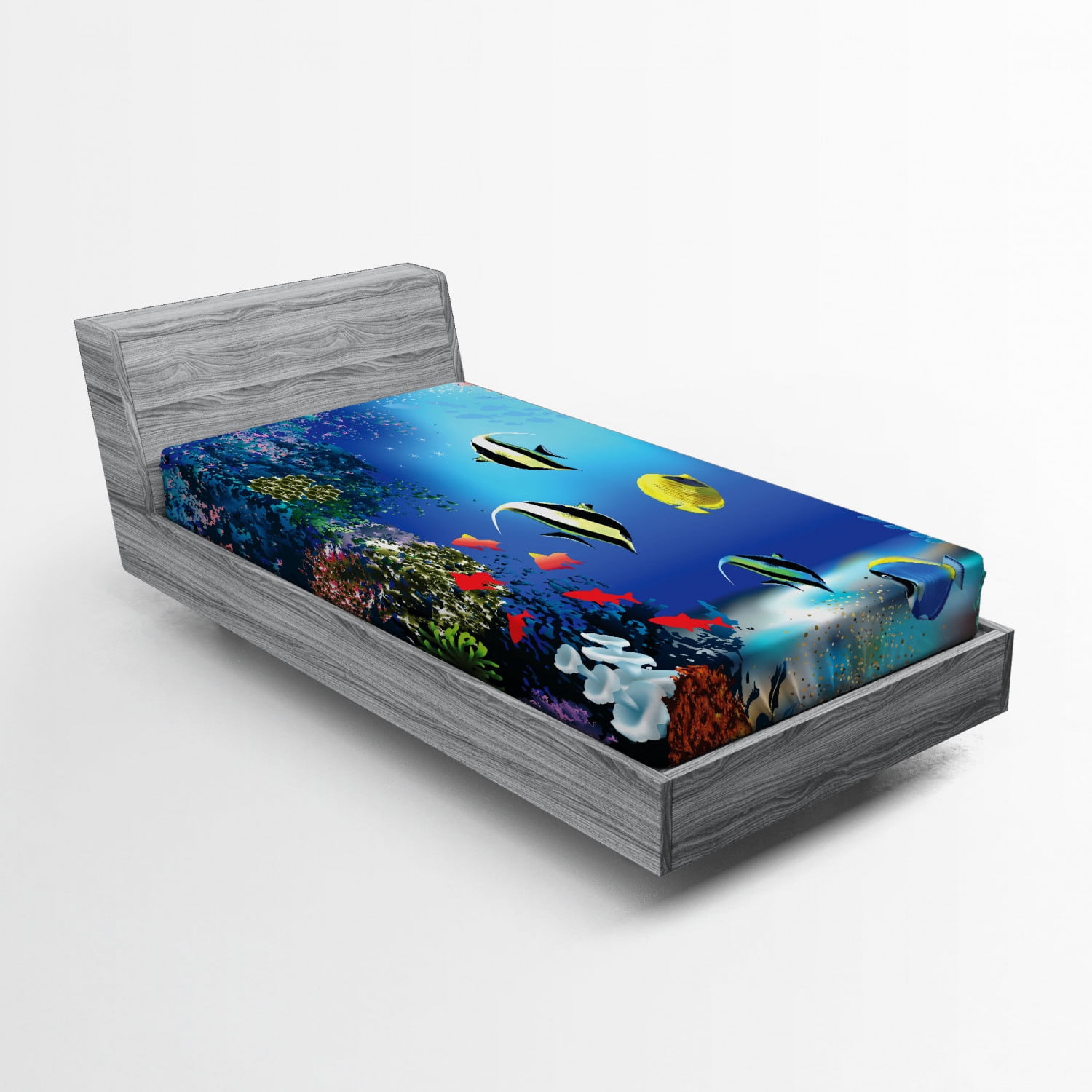 Underwater Fitted Sheet, Tropical Undersea Colorful Fishes Swimming in