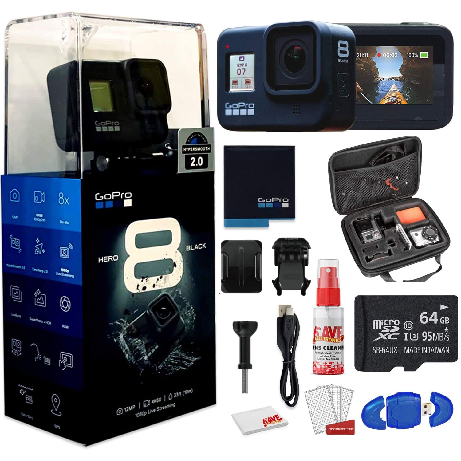 GoPro HERO8 Black Digital Action Camera   Waterproof, Touch Screen   With  Cleaning Set + Case + GB Memory Card and More