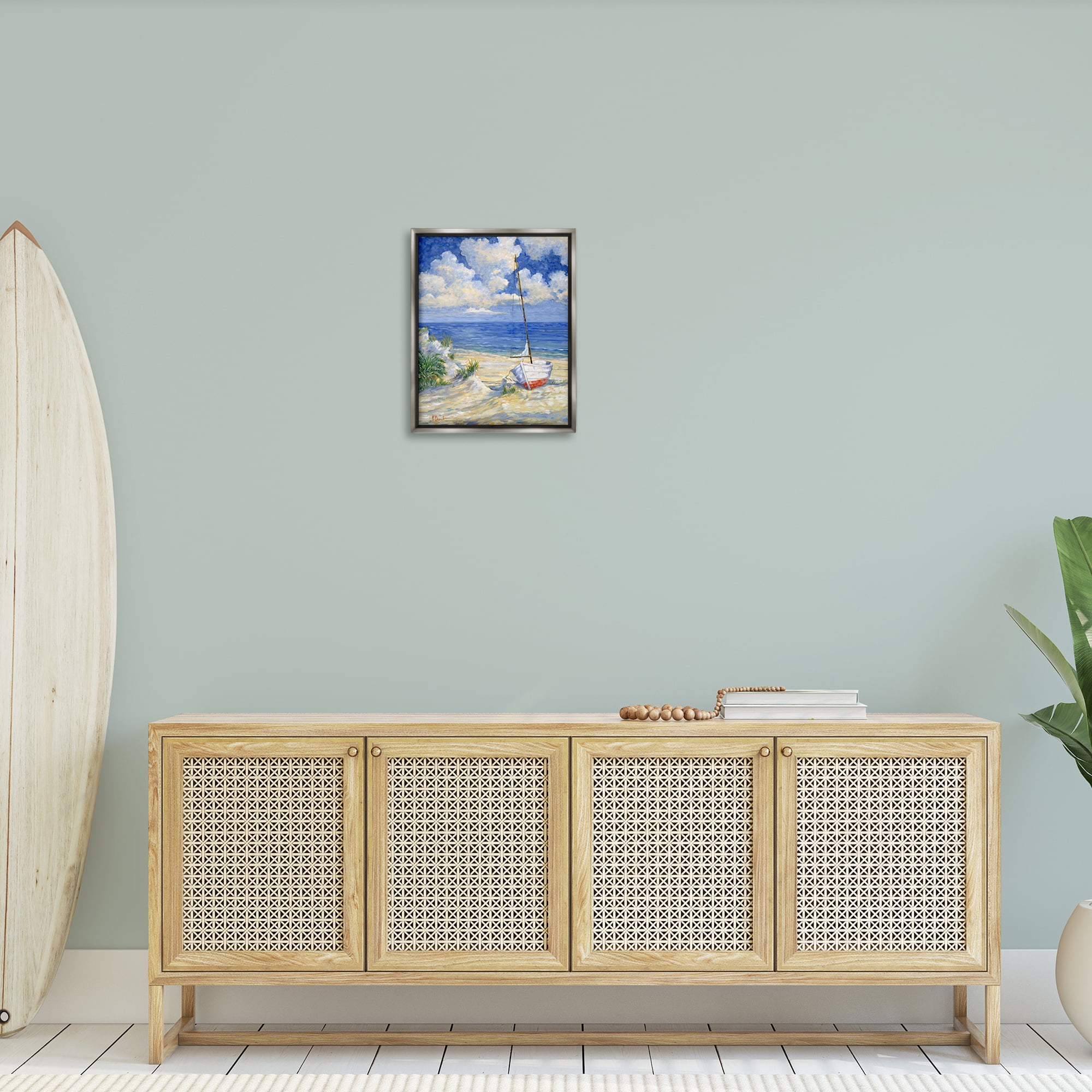 Stupell Industries Costa Del Sol View Transportation Painting Gray Floater Framed Canvas Art Print Wall Art, 17 x 21