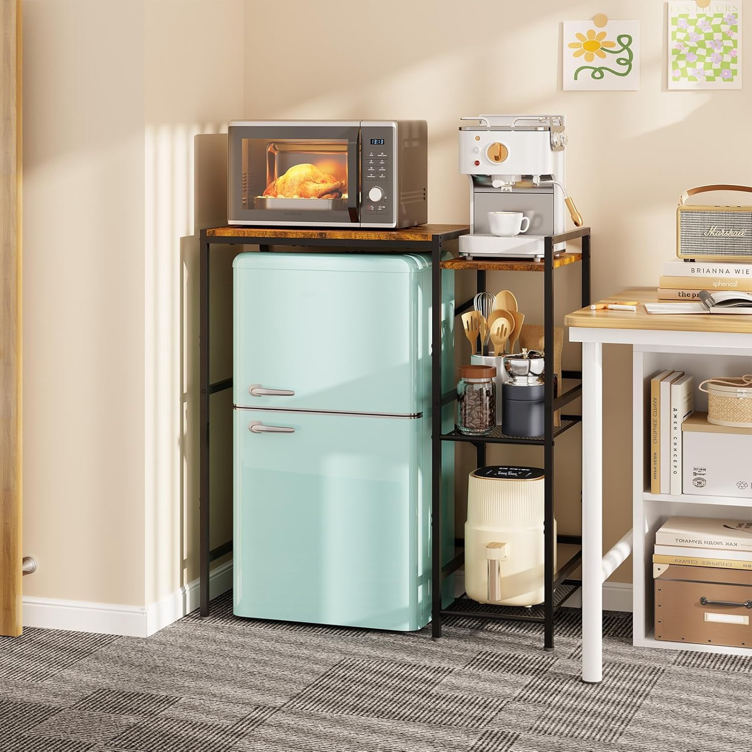 Mini Fridge Stand with Storage Shelves, Wine Cabinet, Microwave Stand, Coffee Bar, TV Stand, Bakers Rack, Beverage Refrigerator Table Adjustable for Dorm Apartment Kitchen Rustic Brown
