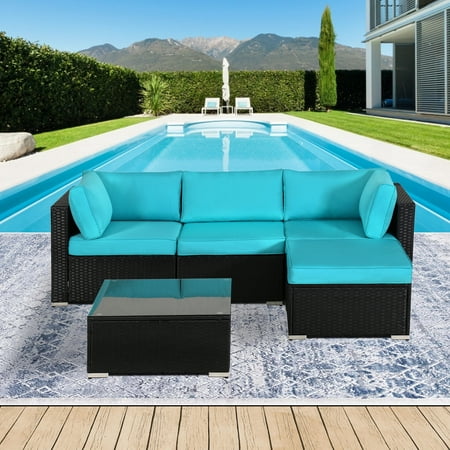 5 Piece Outdoor Patio Furniture Set All Weather Black PE Wicker Conversation Sofa Set Rattan Conversation Set with Glass Table and Removable Cushions Turquoise