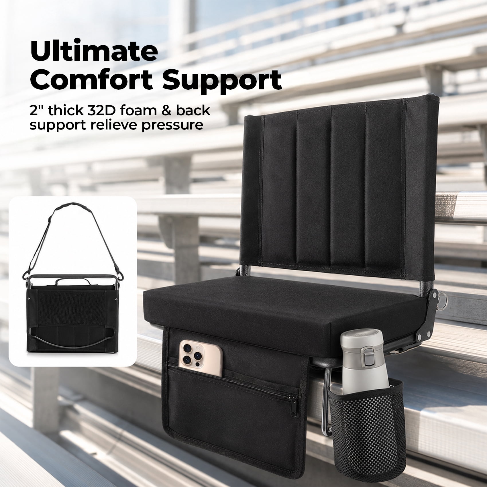 Alvantor Stadium Seat for Bleachers with Back Support, Portable Bleacher Seat with Wide Comfy Padded Cushion, Metal Hook, Folding Stadium Chair with Shoulder Strap, Carry Handle, Cup Holder