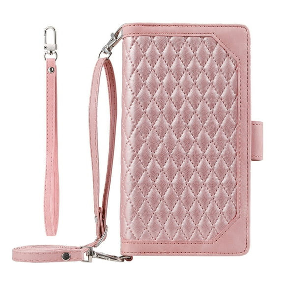 Case for SONY Xperia 1 III Magnetic Wallet Case with Card Holder PU Leather Zipper Handbag Purse Flip Cover with Crossbody Lanyard Strap-Pink
