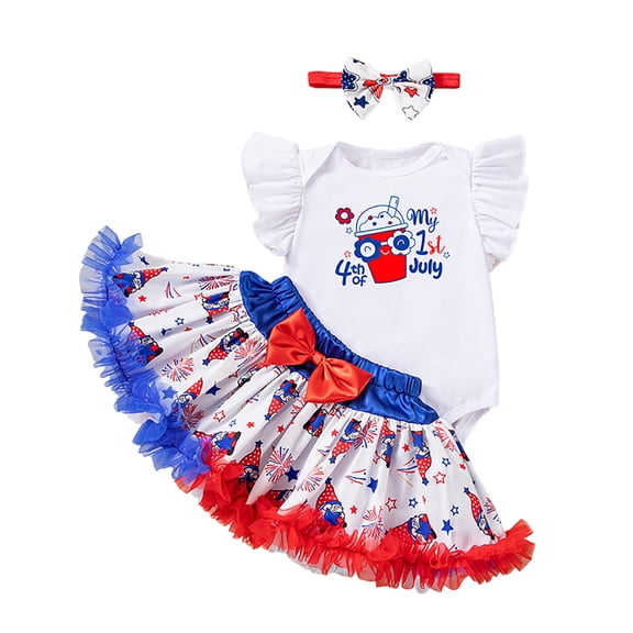 Staki Baby Fourth of July Outfit Girl Preemie Clothes Girl Newborn Girl Outfits Infant Baby Girl Clothes Summer Romper Dress Shorts Set 1-18M(White,9-12 Months)