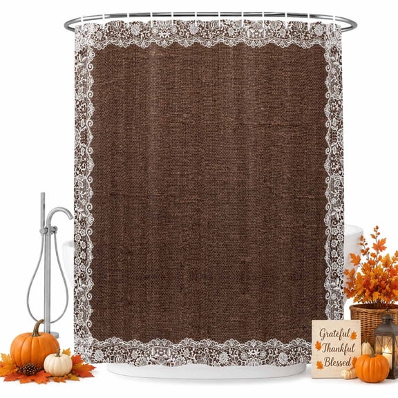 Brown Shabby Chic Shower Curtain, Waterproof Shower Curtains for Bathroom, Lace Border Romantic Aesthetic Washable Fabric Bathtub Curtain Set Bath Decor with 12 Hooks Standard 72"x72"