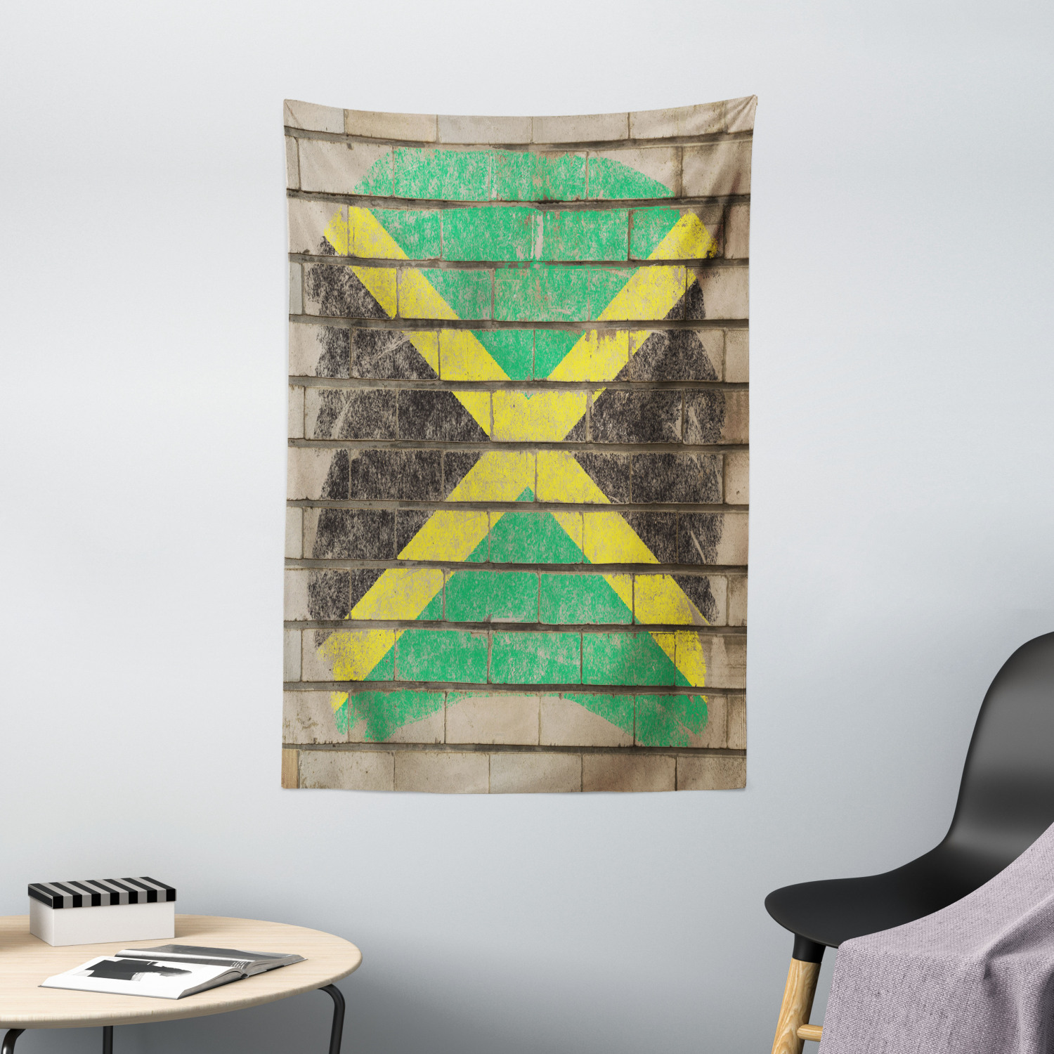 Jamaican Tapestry, Flag on the Wall Illustration with Chalk Effect Old Bricks Grunge Design 