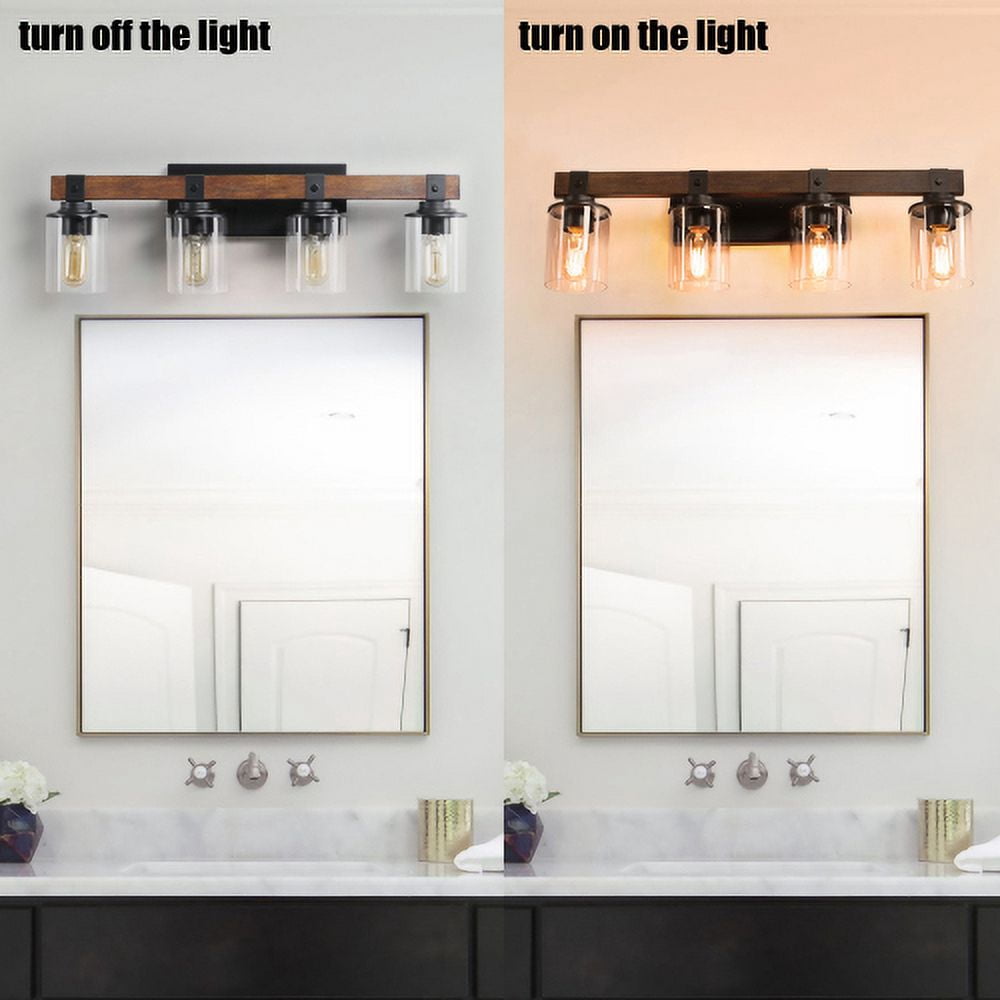 Hi-LIGHTS,4-Lights Farmhouse Rustic Bathroom Light Fixture with Glass Lampshade(Bulbs Not Included),Vanity Lights Fixture for Bathroom,Dressing Room,Bedroom,Living Room(Black)