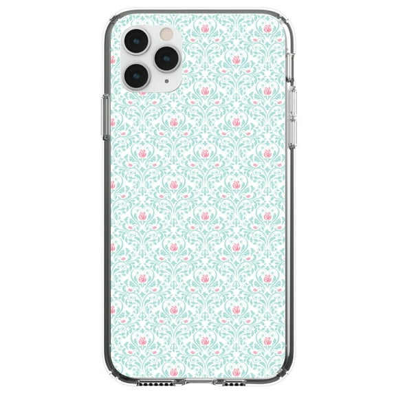 DistinctInk Clear Shockproof Hybrid Case for iPhone 12 / 12 PRO (6.1" Screen) - TPU Bumper, Acrylic Back, Tempered Glass Screen Protector - Teal & Pink Rose Pattern