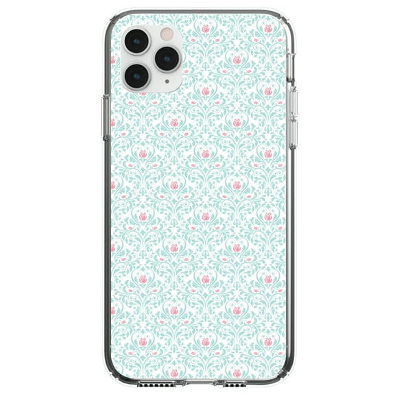 DistinctInk Clear Shockproof Hybrid Case for iPhone 13 (6.1" Screen) - TPU Bumper, Acrylic Back, Tempered Glass Screen Protector - Teal & Pink Rose Pattern