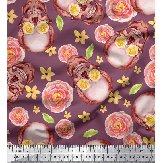 Soimoi Poly Georgette Fabric Skull & Begonia Floral Printed Fabric 1 Yard 42 Inch Wide