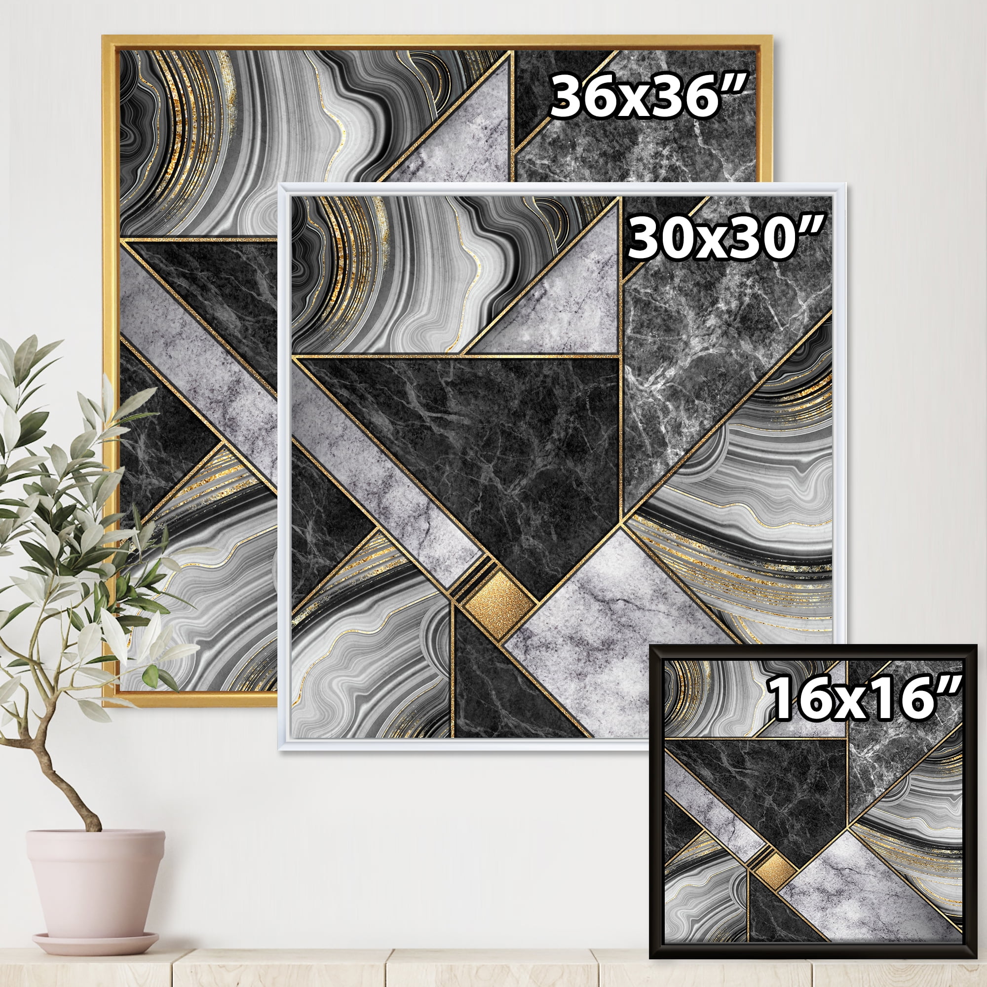 Touches Of Gold With Marble Granite Agate 16 in x 16 in Framed Painting Canvas Art Print, by Designart