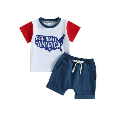 

GXFC Toddler Baby Boys 4th of July Casual Outfits Kids Boys Short Sleeves Contrast Color Graphic Print T-shirt Tops+Shorts Set Independence Day Summer Clothes 2Pcs 0-3Y