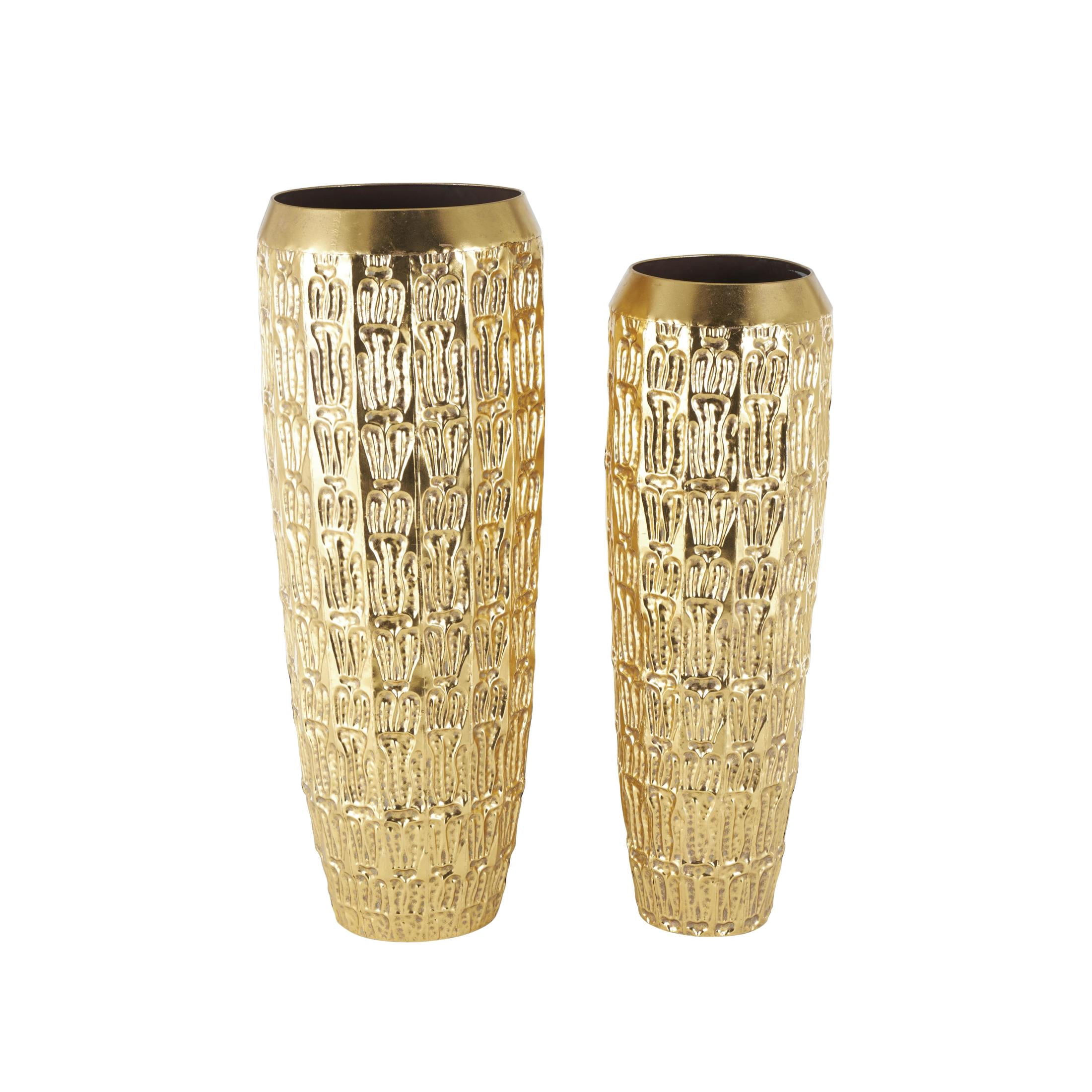 DecMode 41", 37"H Tall Gold Metal Vase with Grooved Patterns, Set of 2