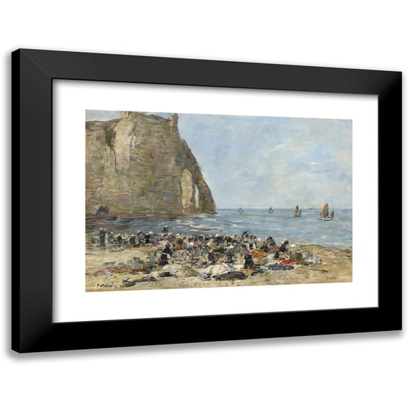 Eugène Boudin 14x11 Black Modern Framed Museum Art Print Titled - Washerwomen on the Beach of Etretat (1894)