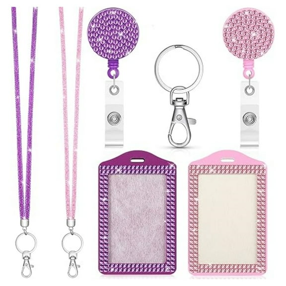 2 set Rhinestone Bling Lanyards for ID Badges Holder Crystal ID Card Holder Retractable Lanyard with Metal Clasp Key Ring for Women Office School Travel(Pink, Purple)