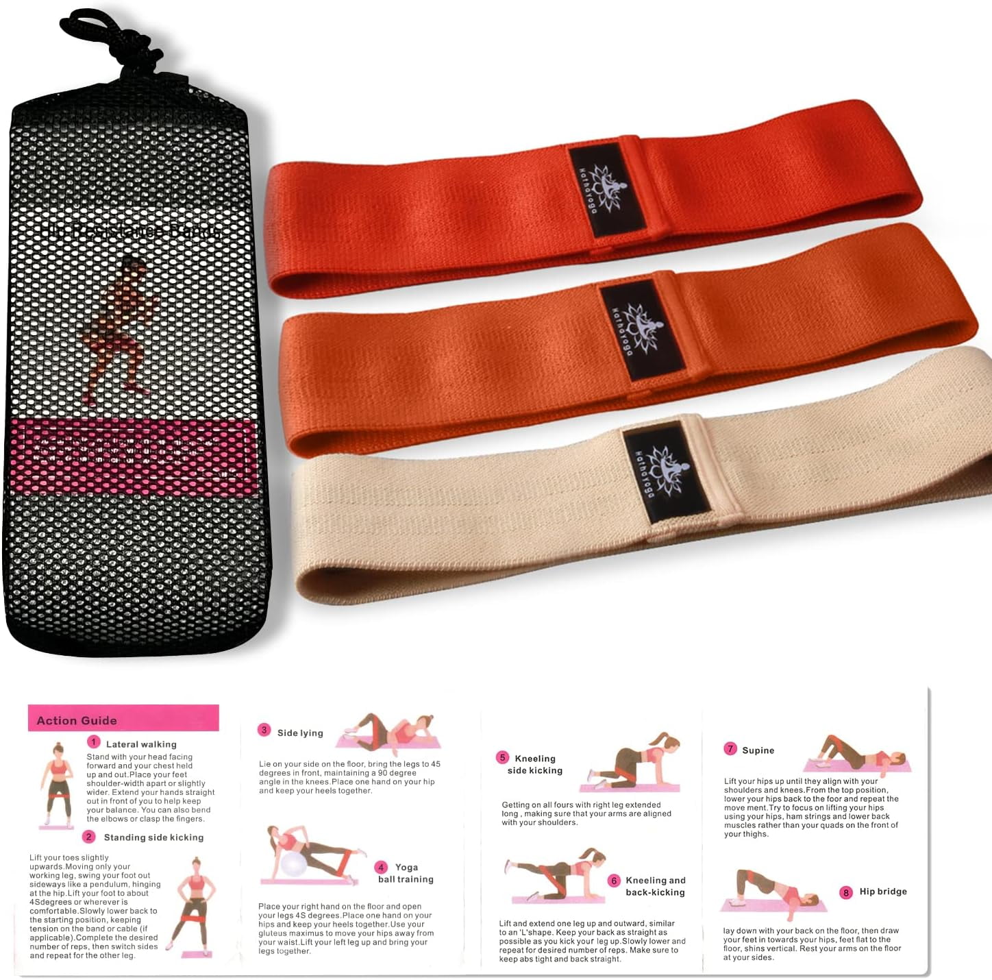 JJEAN-Hatha Yoga Large Resistance Band,14.5" x3.15",Fabric Exercise Loop Bands with Instruction Guide and Carry Bag, Set of 3.
