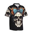 thumbnail image 2 of Daiia Bow Flower Skull Hawaiian Shirt for Men Gentle Cotton Regular Short Sleeve Casual-X-Large, 2 of 9