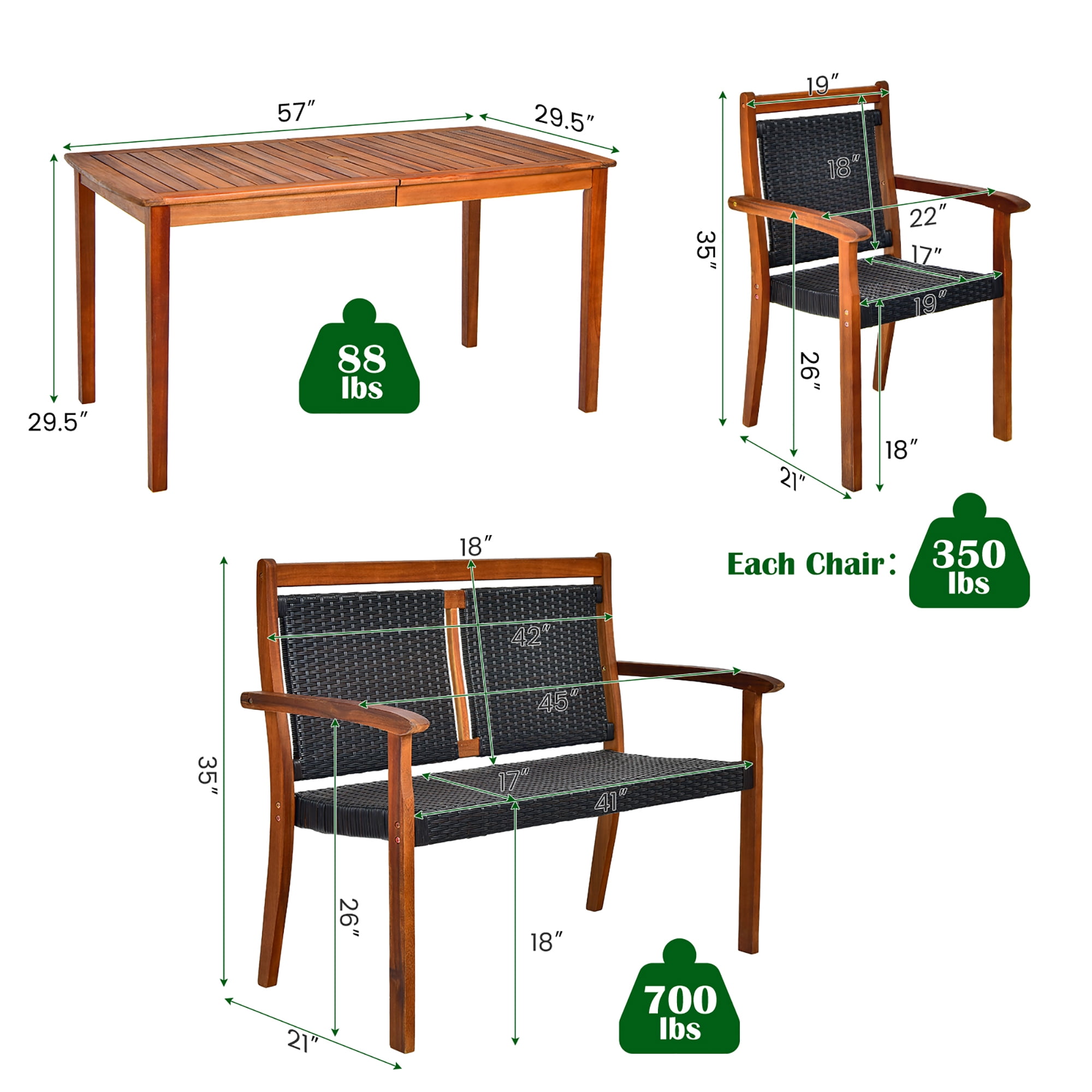 Costway 4PCS Patio Rattan Dining Furniture Set Acacia Wood Frame Stackable Chair Loveseat