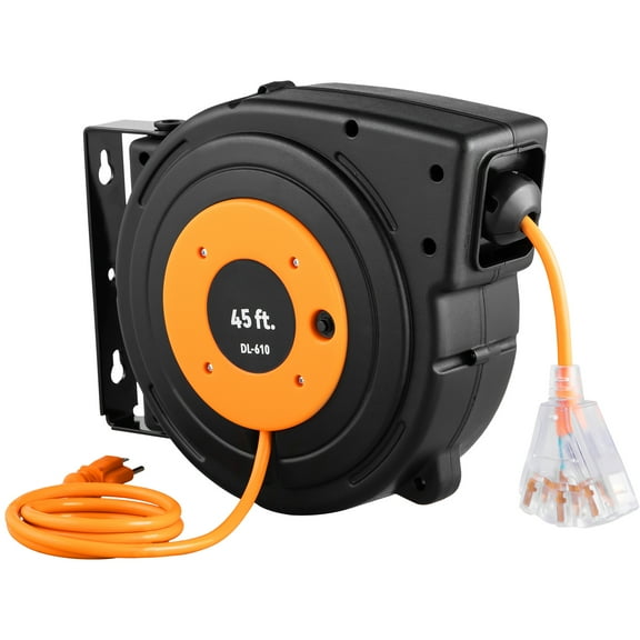 BENTISM Retractable Extension Cord Reel, 45 ft, Heavy Duty 12AWG/3C SJTOW Power Cord, with Lighted Triple Tap Outlet, 15 Amp Circuit Breaker, 180° Swivel Bracket for Ceiling or Wall Mount