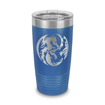 

Tribal Dragon Yin Yang Tumbler 20 oz - Laser Engraved w/ Clear Lid - Stainless Steel - Vacuum Insulated - Double Walled - Travel Mug - good bad black white - Blue