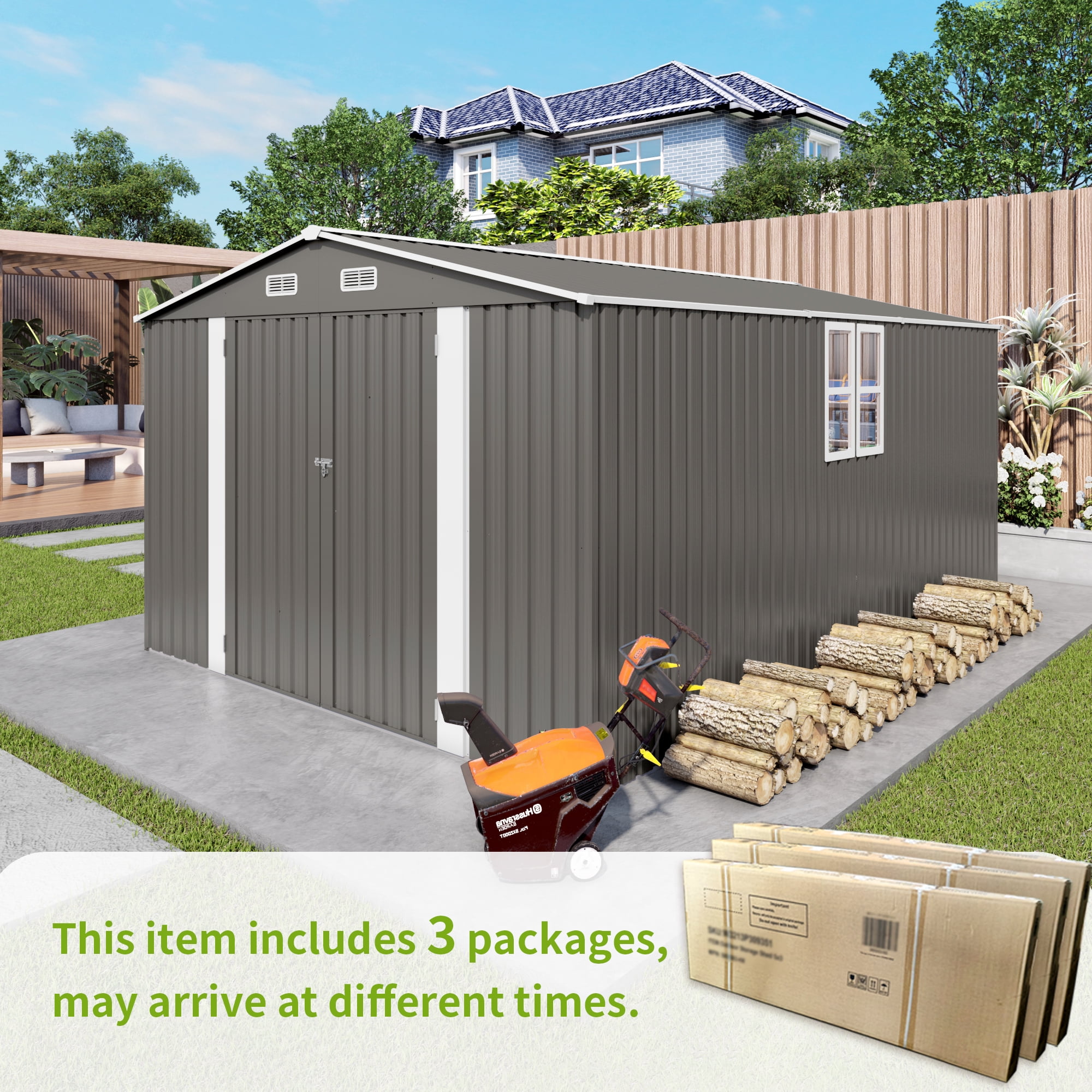 Leumius 10x14 FT Outdoor Metal Storage Shed, Durable Garden Shed with Three Lockable Doors and Clear Window for Backyard, Patio, Garden, All-Weather Shelter for Bike Gardening Tools Lawn Mowers Grey