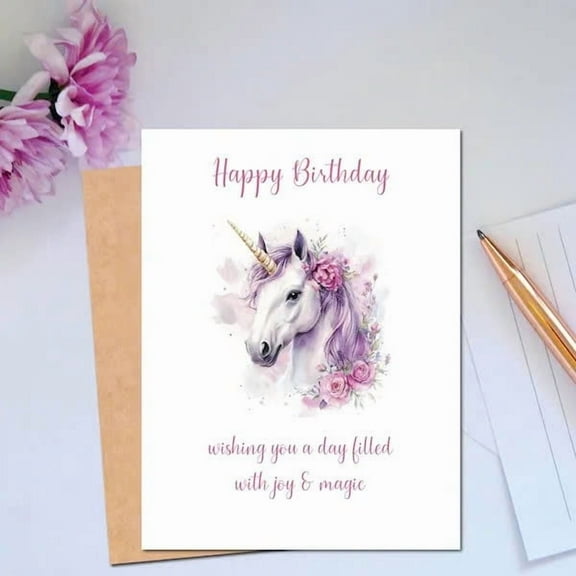 Happy Birthday Unicorn Card Magical Unicorn with Floral Design Envelope Included, Blank Inside Perfect for Kids, Friends, and Family
