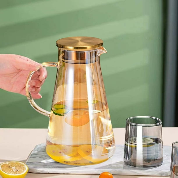 Jarra de vidrio con tapa de 2 litros, gran capacidad, jarra para bebidas frías y calientes con asa para bebidas caseras, jugos, té helado y leche.
