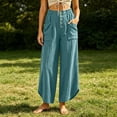 thumbnail image 5 of Oksale Boho Pants for Women Petite Pull On Cozy Cotton Pants with Pockets Elastic High Waist Summer Casual Pants Loose Wide Leg Trousers Mint Green 2XL, 5 of 7
