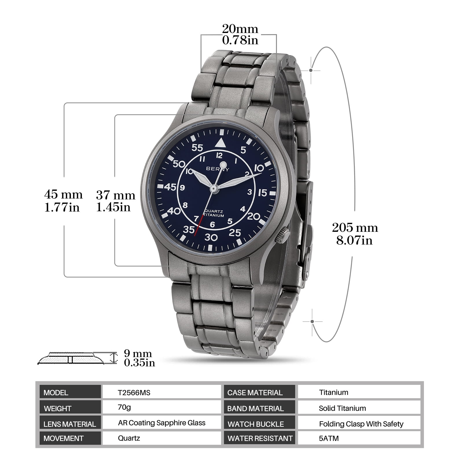 BERNY Titanium Watches for Men, Sport Military Men Watch with Japanese Quartz Movement, Super Luminous, Fashion Men's Field Watch, Casual 5ATM Waterproof Army Wristwatch, Blue