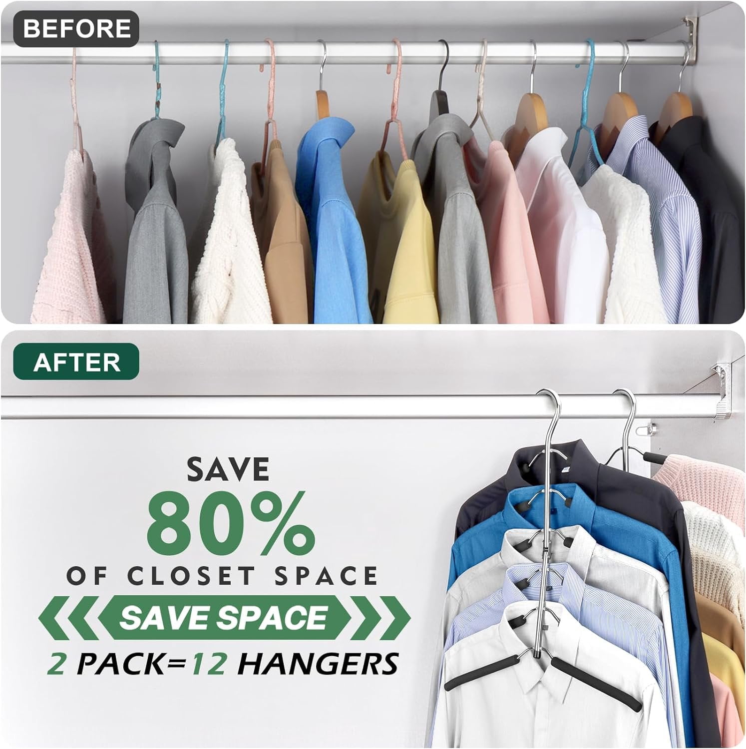 Space Saving 6 Tier Coat Hangers - Non Slip  Padded, Black Metal Sweater & T Shirt Hangers for Men & Women, 2 Pack Closet Organizers