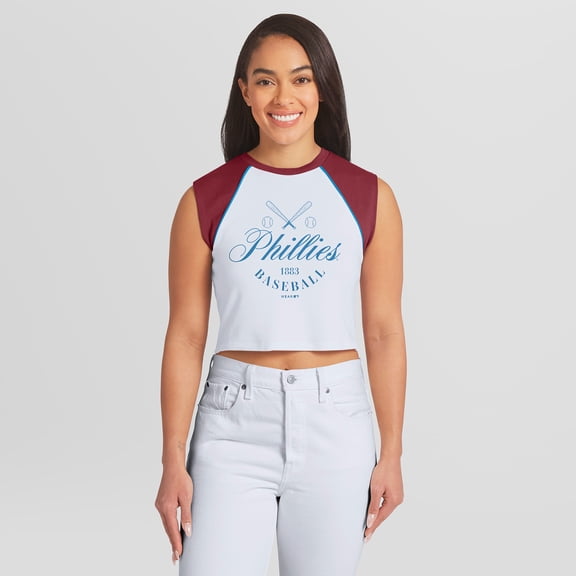 Women's WEAR by Erin Andrews White Philadelphia Phillies Cooperstown Cropped Raglan Tank Top