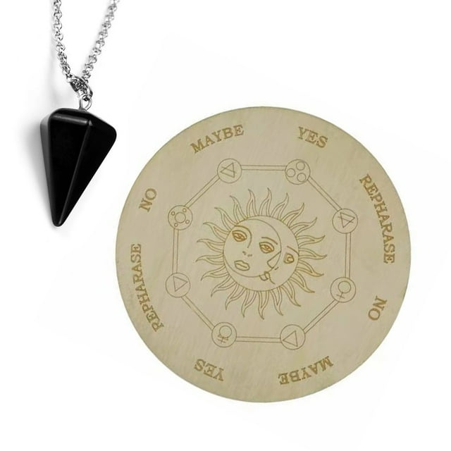 Xingzhi Round Wooden Carven Pendulum Board with Black Pendant Necklace Home Decor D