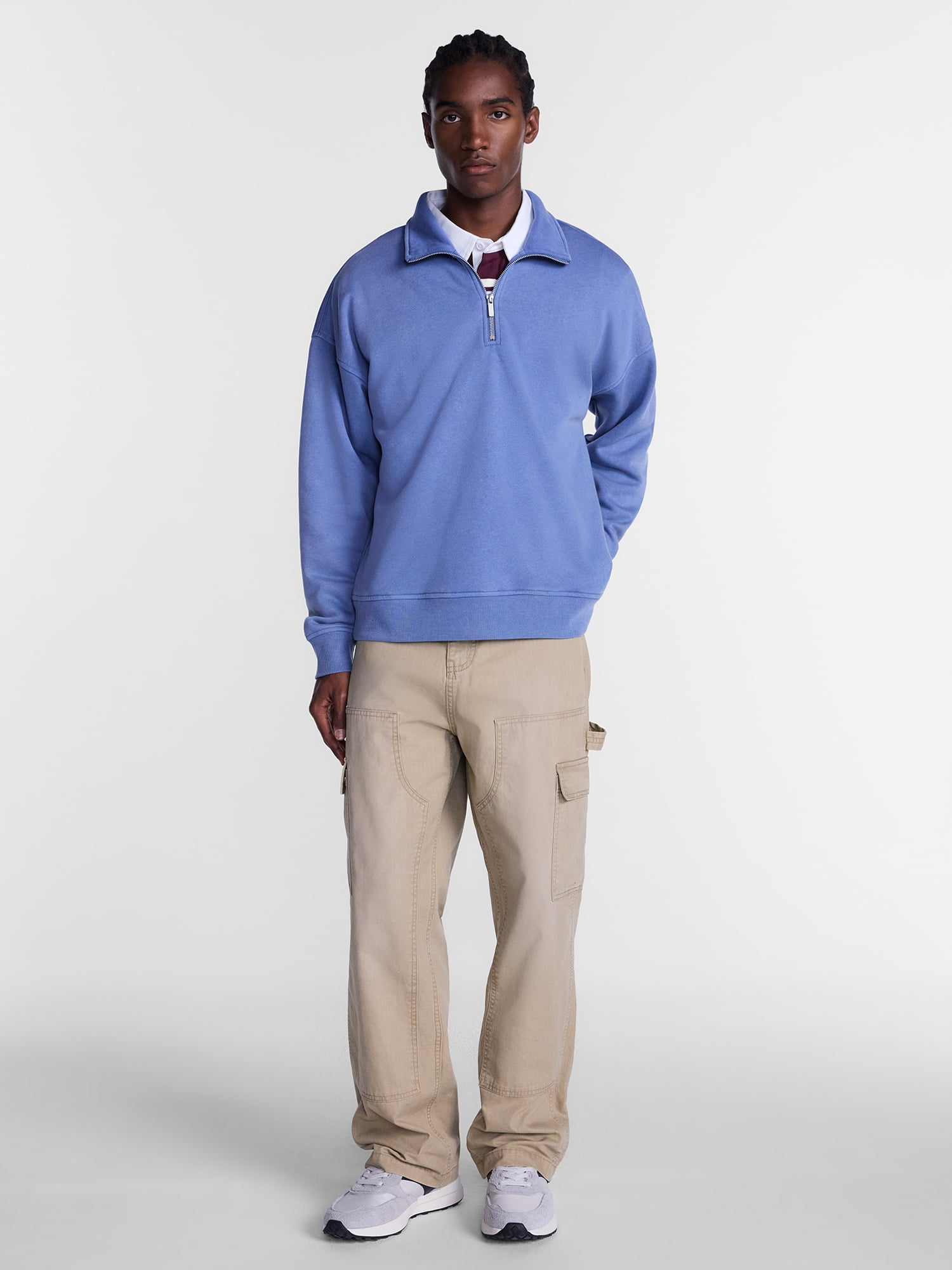 No Boundaries Boxy Fit Quarter Zip Fleece Sweatshirt with Long Sleeves, Men's XS-4XLT