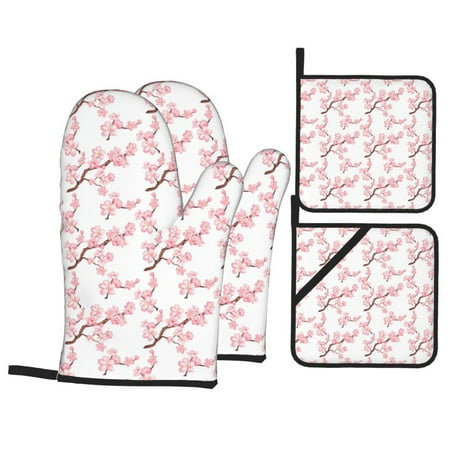 

Oven Mitts and Pot Holders Sets 4 pcs - Watercolor floral pink berry blossom Heat Resistant Silicone Oven Gloves with Non-Slip Silicone Surface and hot pads for kitchen Baking Cooking BBQ