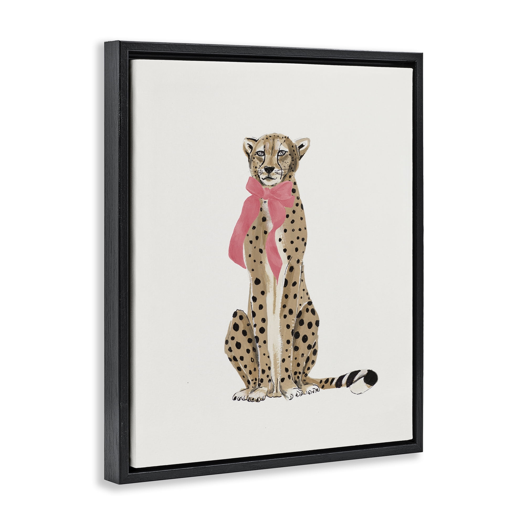Stupell Industries Trendy Cheetah with Ribbon Animals Painting Black Floater Framed Canvas Art Print Wall Art, 25 x 31