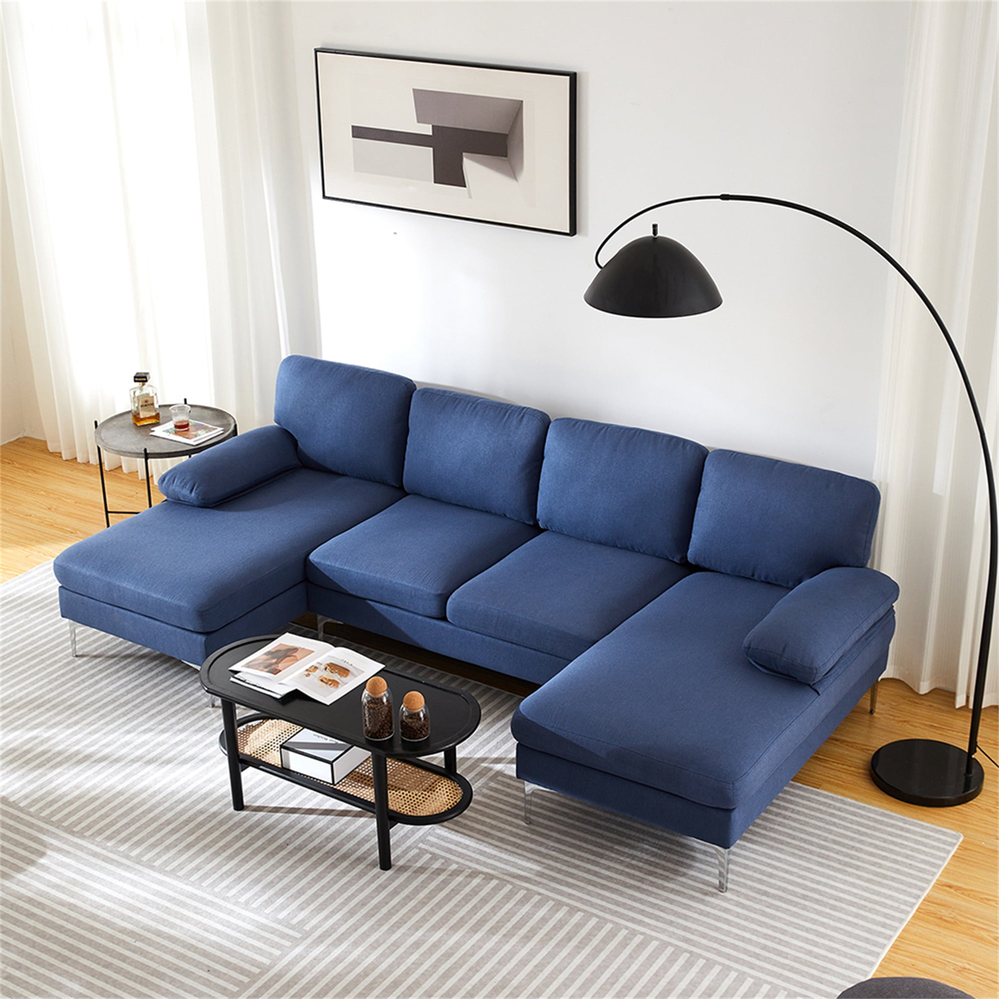 Yardi Yard Linen Fabric U Shaped Couch Sectional Sofa Set with Chaise Lounge, Seating for 5 Navy Blue