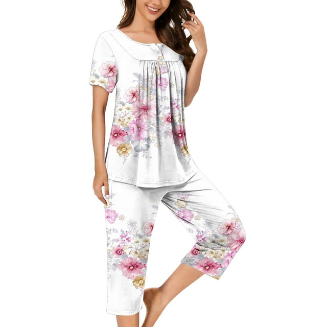 Ensembles de Pyjama pour Femmes 2 Pcs, Blouse Décontractée à Col Rond à Manches Courtes pour Femmes, Pantalon de Mode, Ensemble de Pyjama