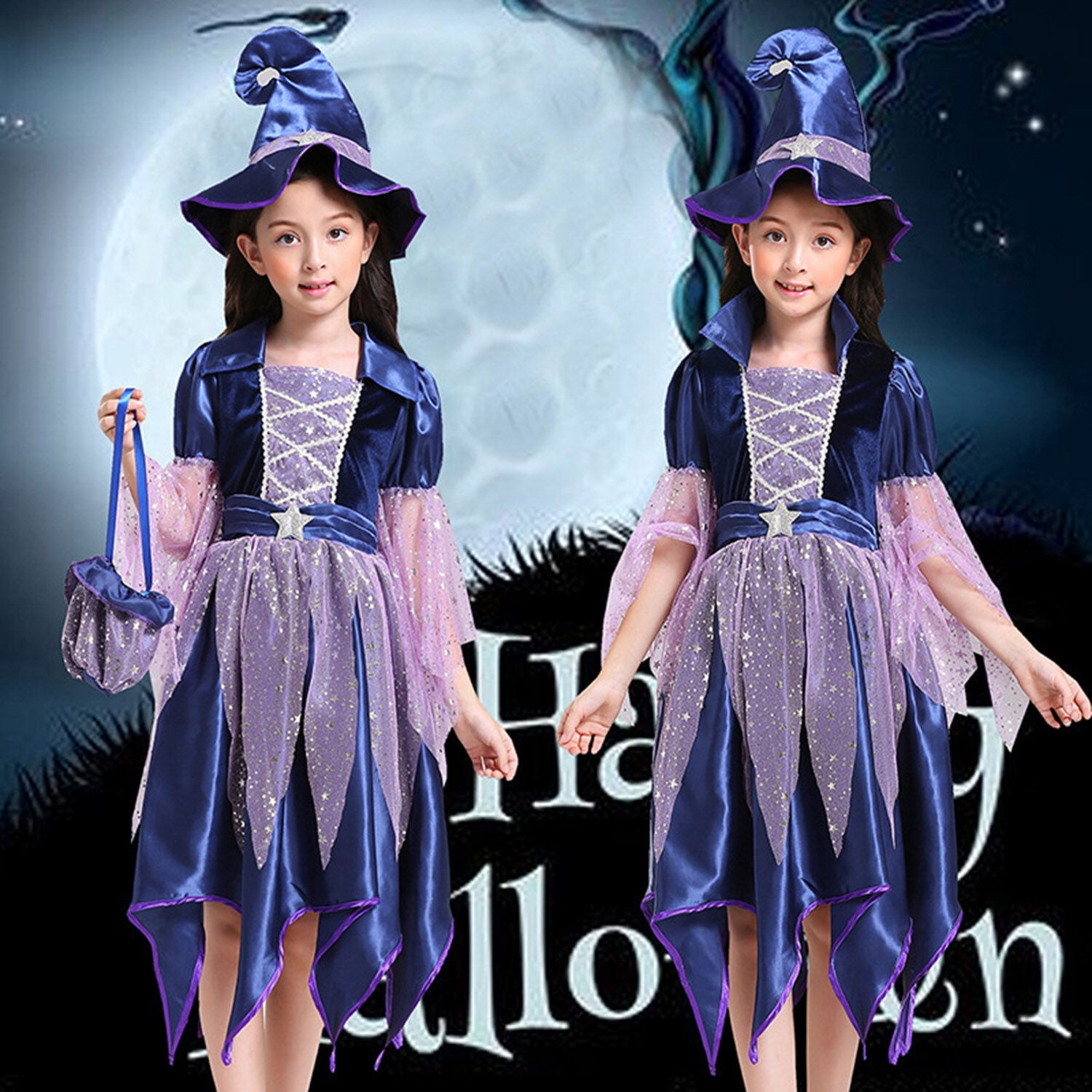 OBEEII Girls Witch Halloween Costume – Tutu Dress With Cape, Hat & Broom, Handmade Tulle Cosplay Set