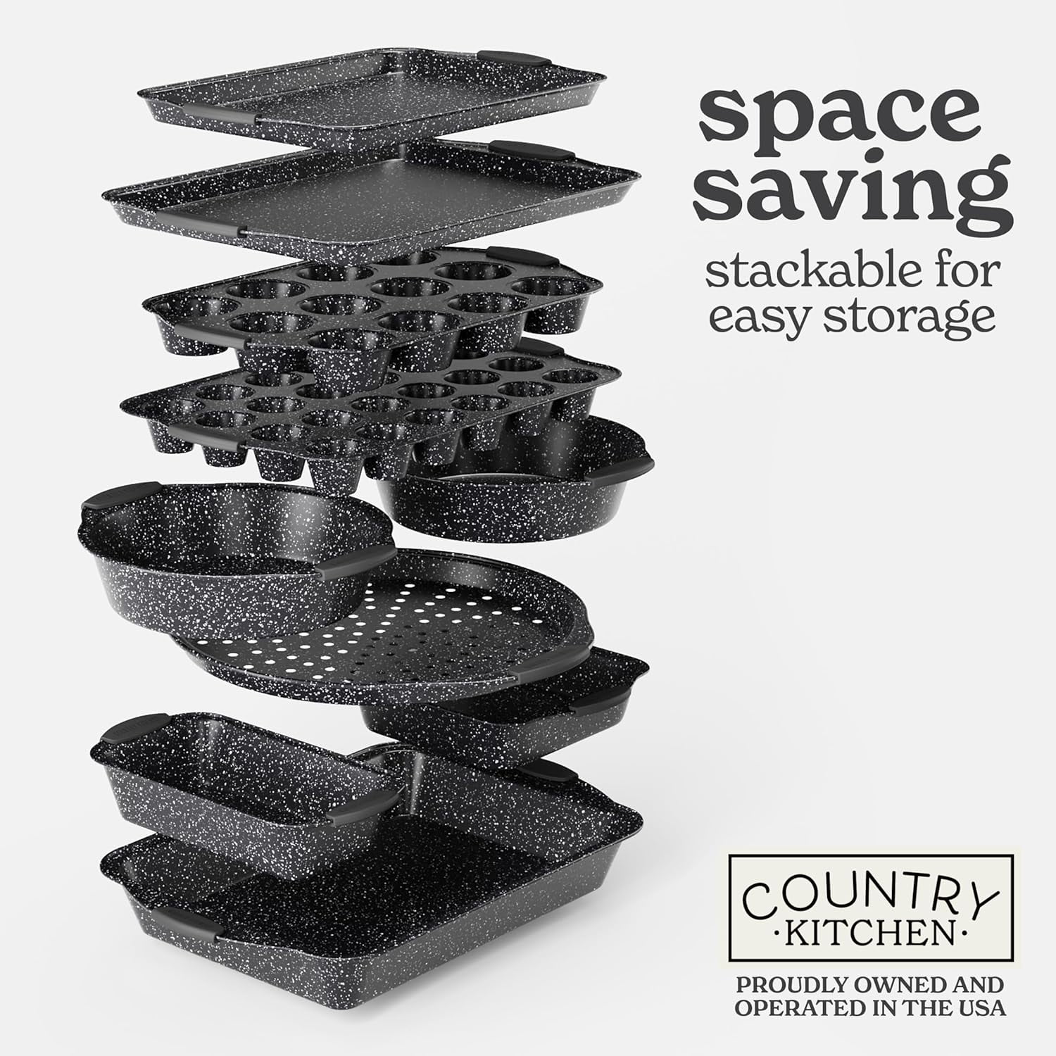 Country Kitchen 10-Piece Nonstick Bakeware Set - Stackable Pots and Pans, Black