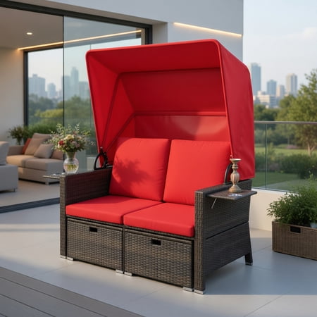 Resenkos Outdoor Rattan Daybed Set with Retractable Canopy 4-Position Adjustable Backrests Ottoman & Side Tables – Red/Beige/Navy Cushions