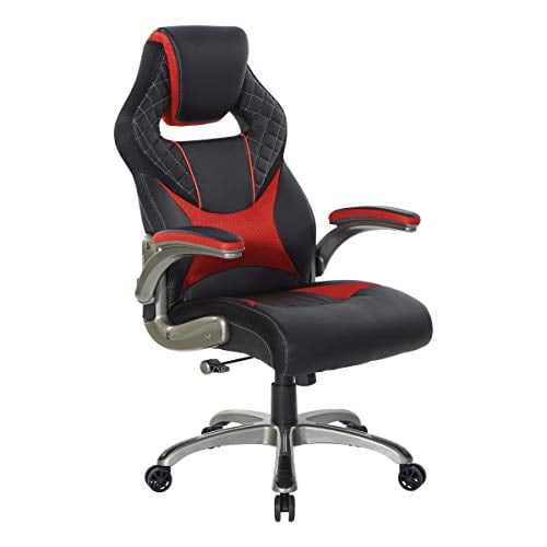 OSP Home Furnishings Chaise de Jeu Réglable sur Site en Similicuir avec Siège Épais et Support Lombaire Intégré, Accents Rouges