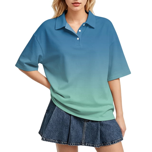 Sewkxo Women's Rugby Shirt Gradient Color Polo T-Shirts Oversized Short Sleeve Lapel V Neck Tee Summer Pullover Tops,Turquoise XL