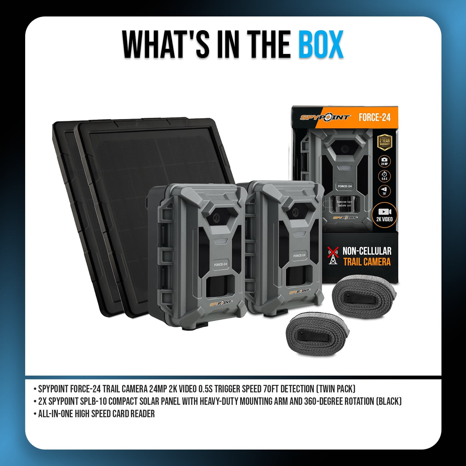 Spypoint Force-24MP Non-Cellular Trail Camera 2k Video (Twin Pack) Bundle with Solar Panel and Card Reader (5 Items)