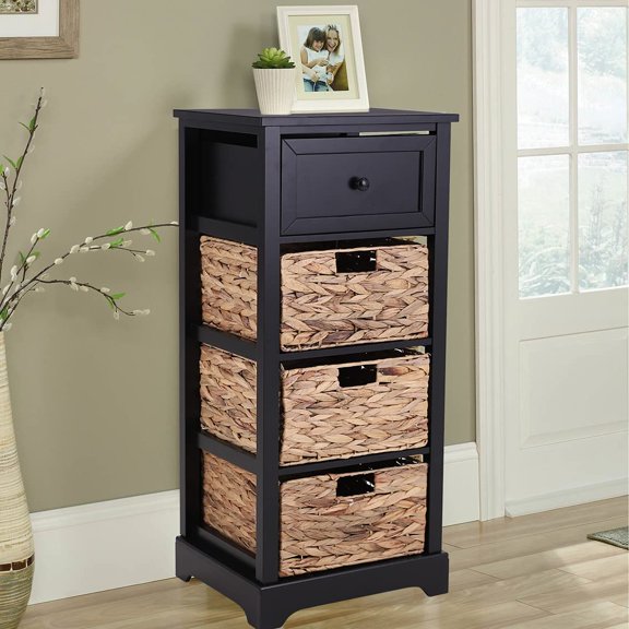 QRKD Black Storage Cabinet with Baskets, Farmhouse Narrow Accent Cabinet with Shelves, Entryway Rattan Cabinets with Drawer End Table, Beside Table