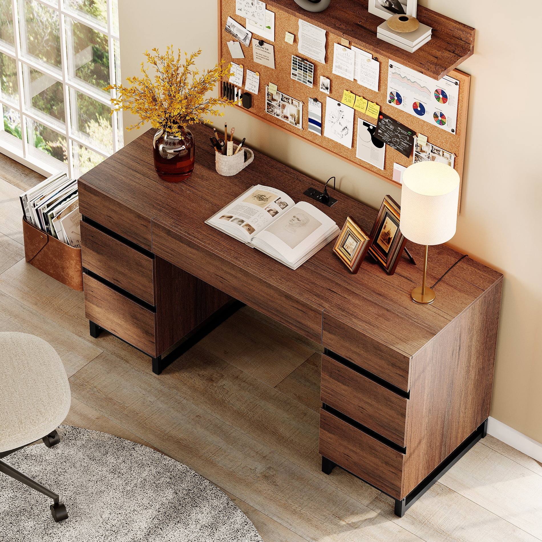 59" Modern Executive Desk with 7 Drawers, Wood Computer Desk with Built-in Charging Station,Rustic Brown Study Table for Home Office, Bedroom & Living Room
